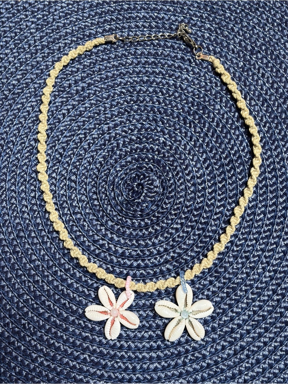 Macrame Boho Shell Flower Necklace in Natural Pink & Blue
